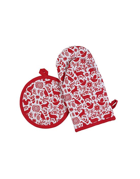 Holiday Oven Mitts & Pot Holder, Otomi Red - Set of 2